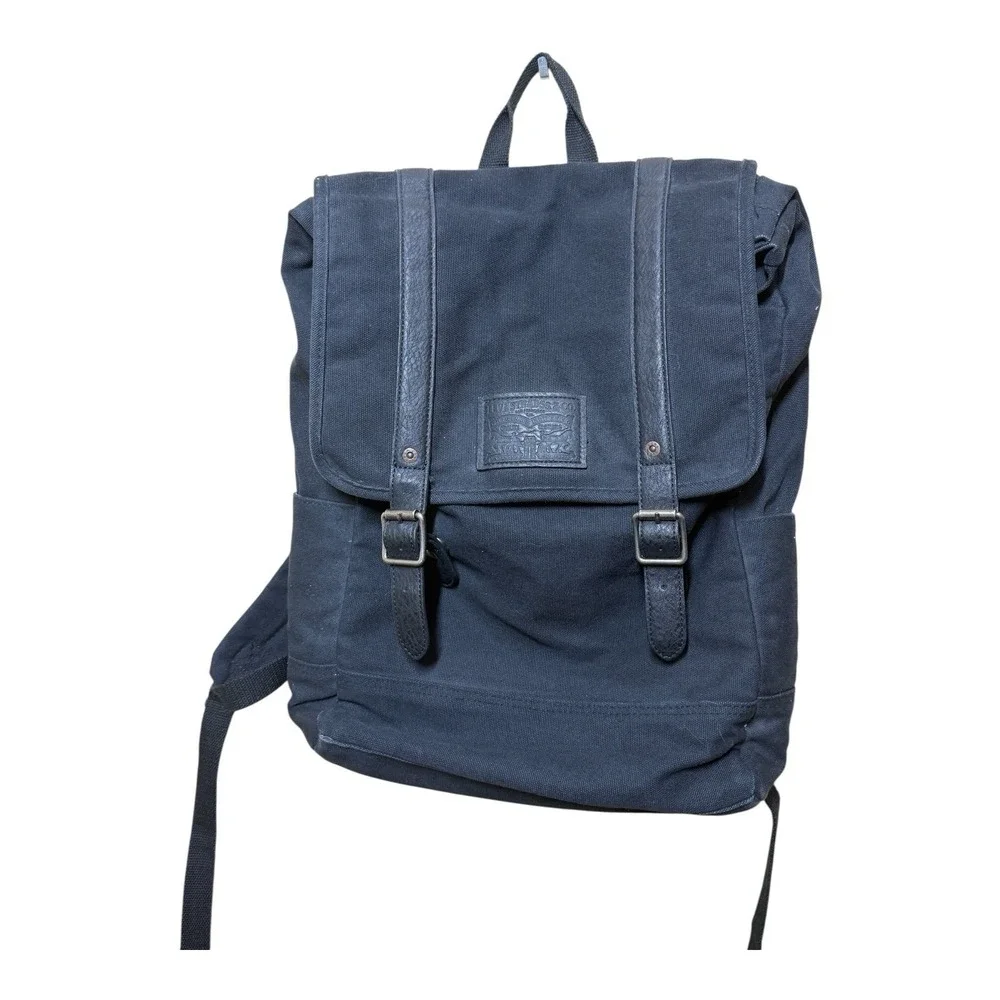 Levi's Canvas Backpack Laptop Sleeve Unisex Tan Black Leather Buckles School VTG